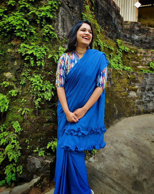 French Blue Mulmul saree