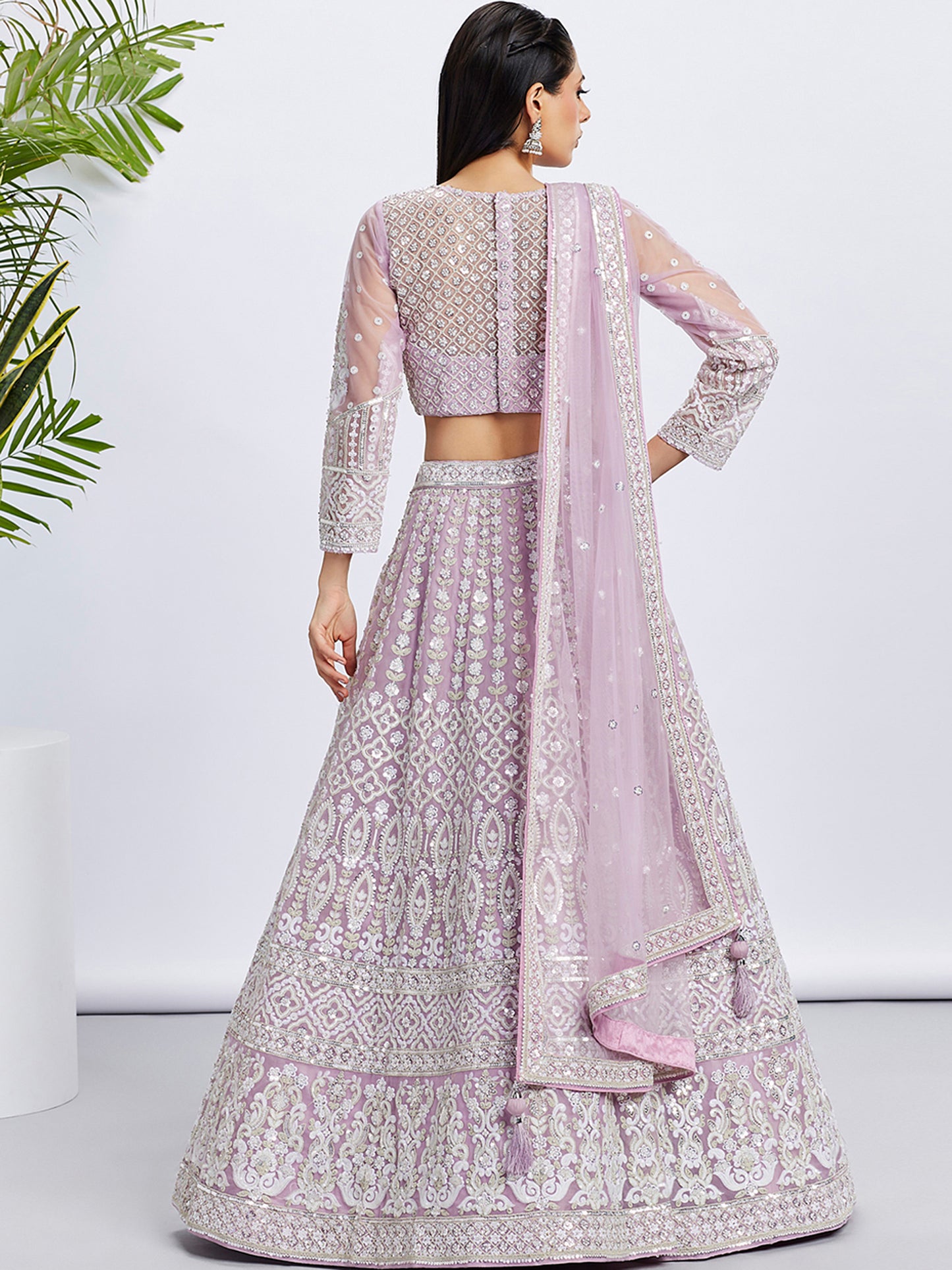 Lavender Net Sequins and thread embroidery Lehenga choli