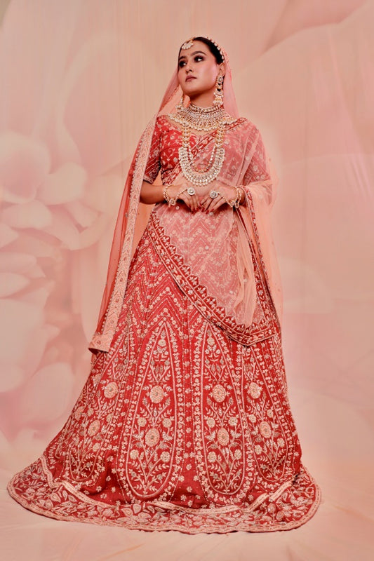 Brick Red Raw Silk  Zardosi marwari lehenga