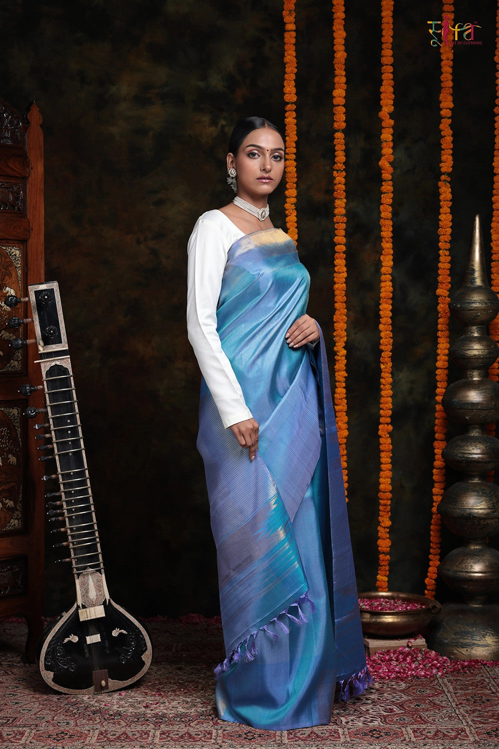 Handloom Blue Duo-Tone Pure Silk Saree With Silver Zari Stripes