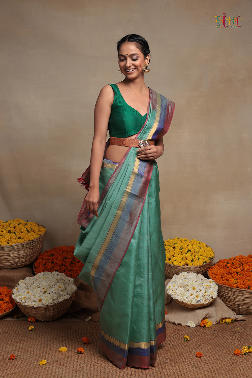 Handloom  Fern Green Pure Silk Kanchi Contemporary Saree