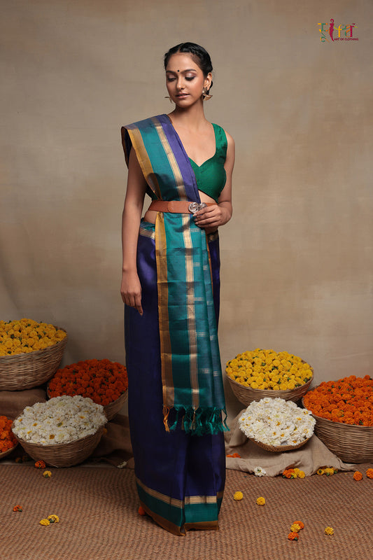 Navy Blue Pure Silk Handloom Kanchi Contemporary Saree