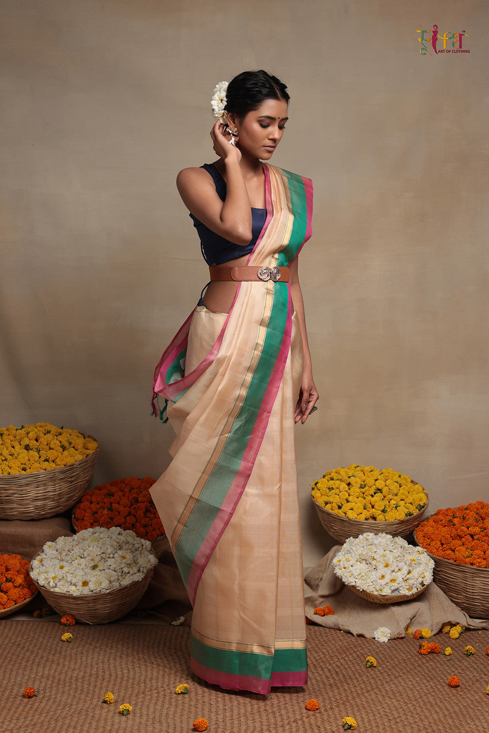 Handloom Cream Pure Silk Kanchi Contemporary Saree