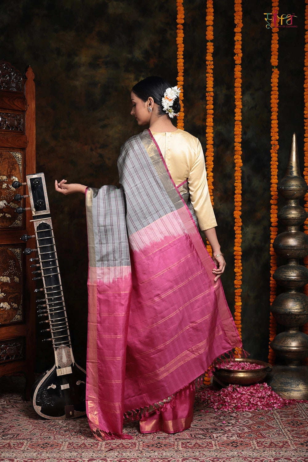 Handloom Grey Stripes Pure Silk saree