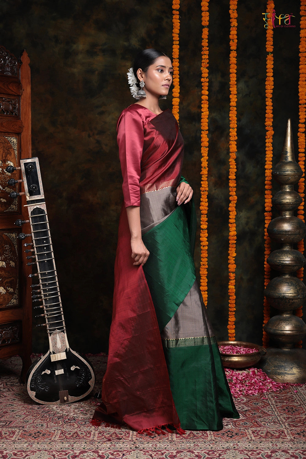 Handloom Maroon and Green Pure Silk contemporary Saree