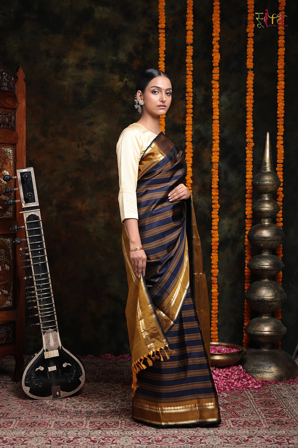 Handloom Ochre Mustard and Navy Blue Pure Silk Saree