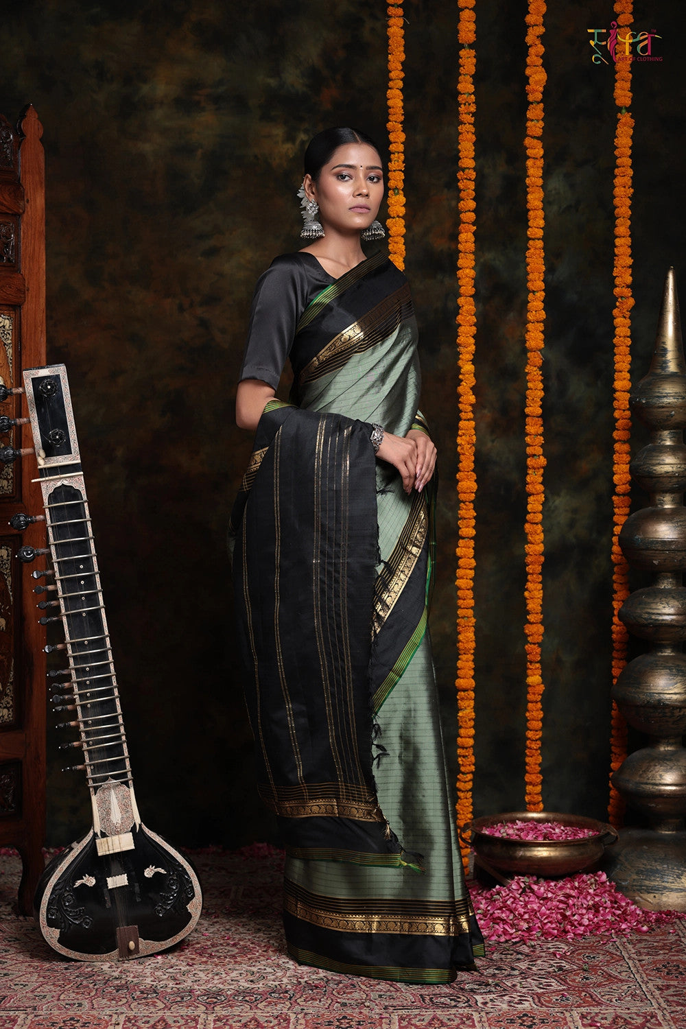 Handloom sage Green Pure Silk Saree with stripes