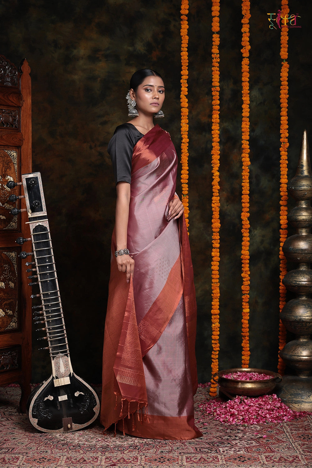 Sienna Brown with Zari Motifs Pure silk saree