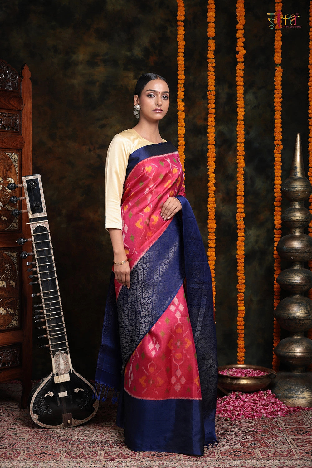 Rose Pink Pure Silk Pochampally Saree With Navy Blue Silver Zari Border