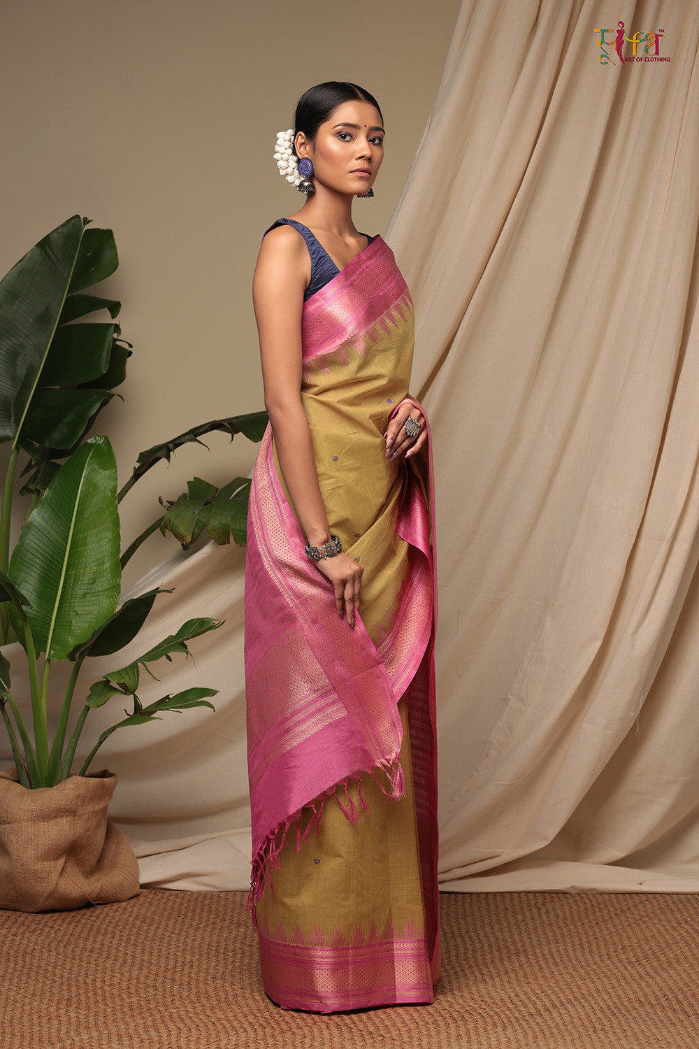 Handloom Limeade Green Pure Cotton Kanchi Saree With Pure Silk Mustard Border And Pallu