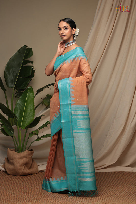 Handloom Light Sandstone Orange  Pure Cotton Kanchi Saree With Silk Border