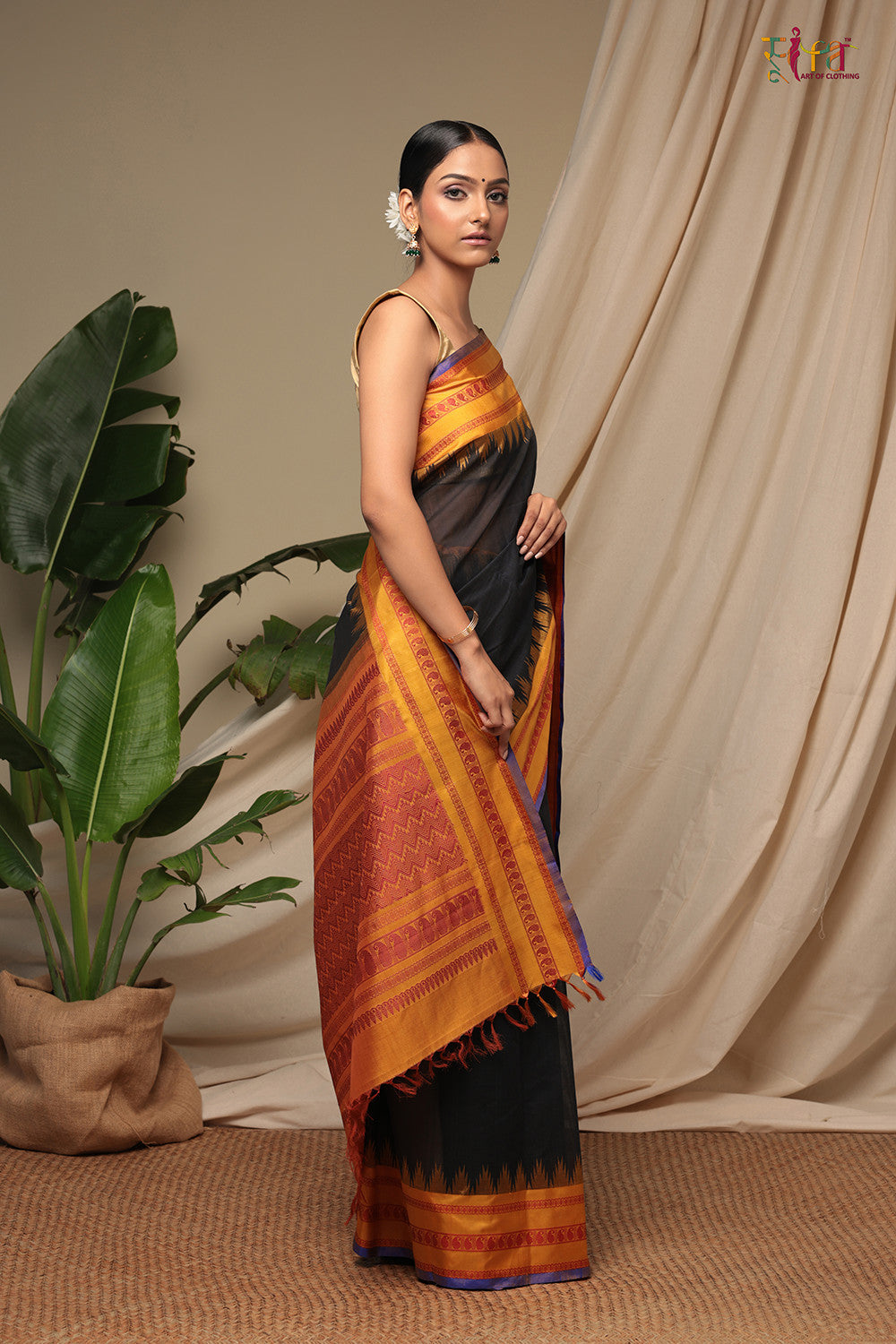 Handloom Black Pure Cotton Kanchi Saree With Pure Silk Mustard Border And Pallu