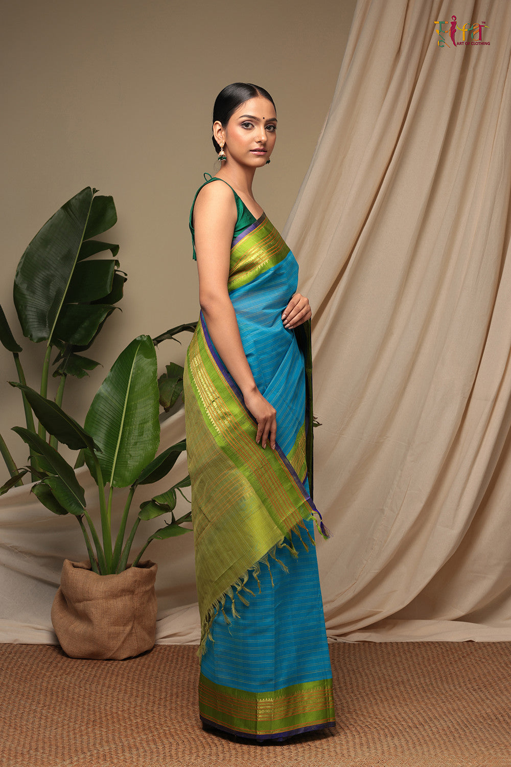 Handloom Ocean Blue Pure Cotton Kanchi Saree With Pure Silk Border And Pallu