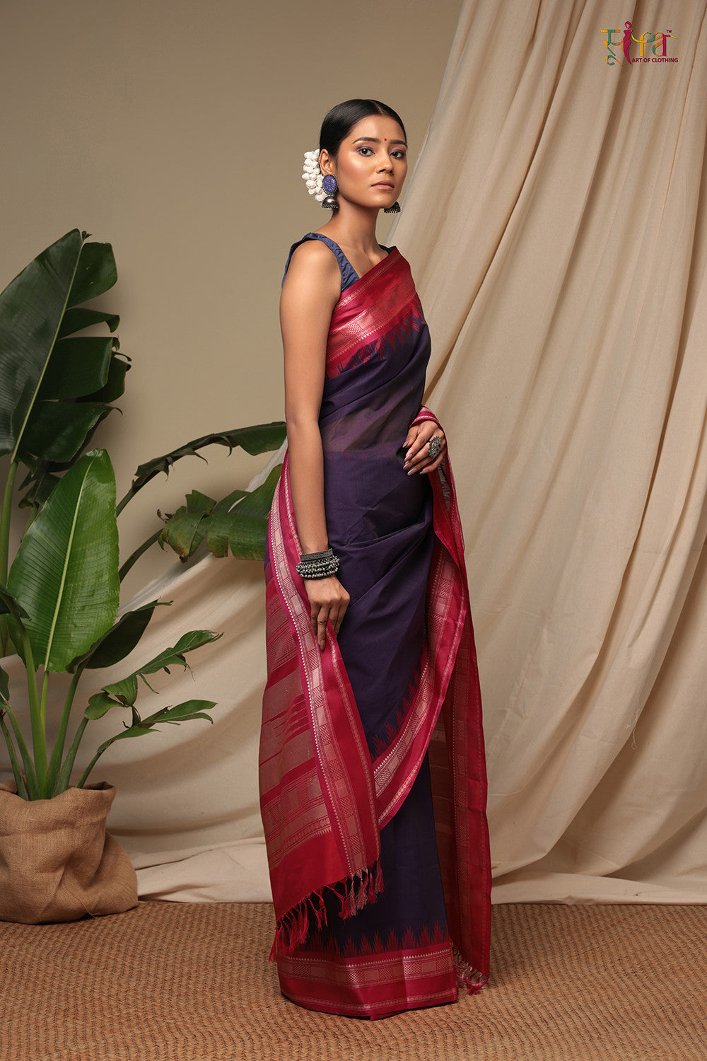 Handloom Dark Purple Pure Cotton Kanchi Saree With Pure Silk Border And Pallu