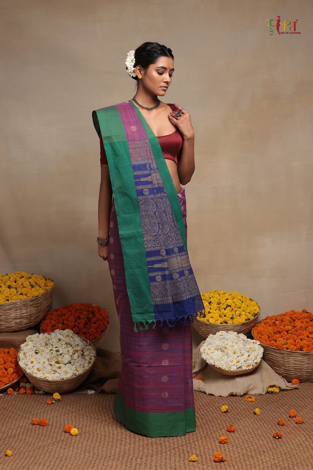 Blue And Pink Pure Cotton Handloom Kanchi Saree