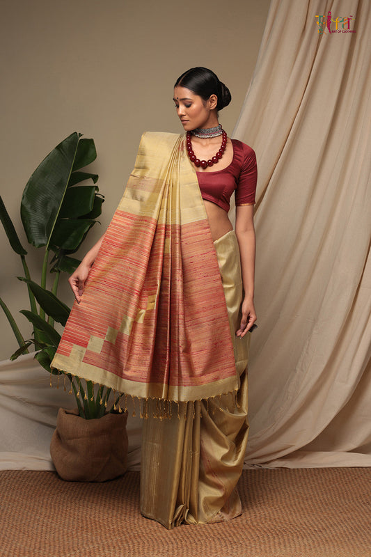 Handloom Bronze Brown Pure Silk Kanchi Contemporary Saree