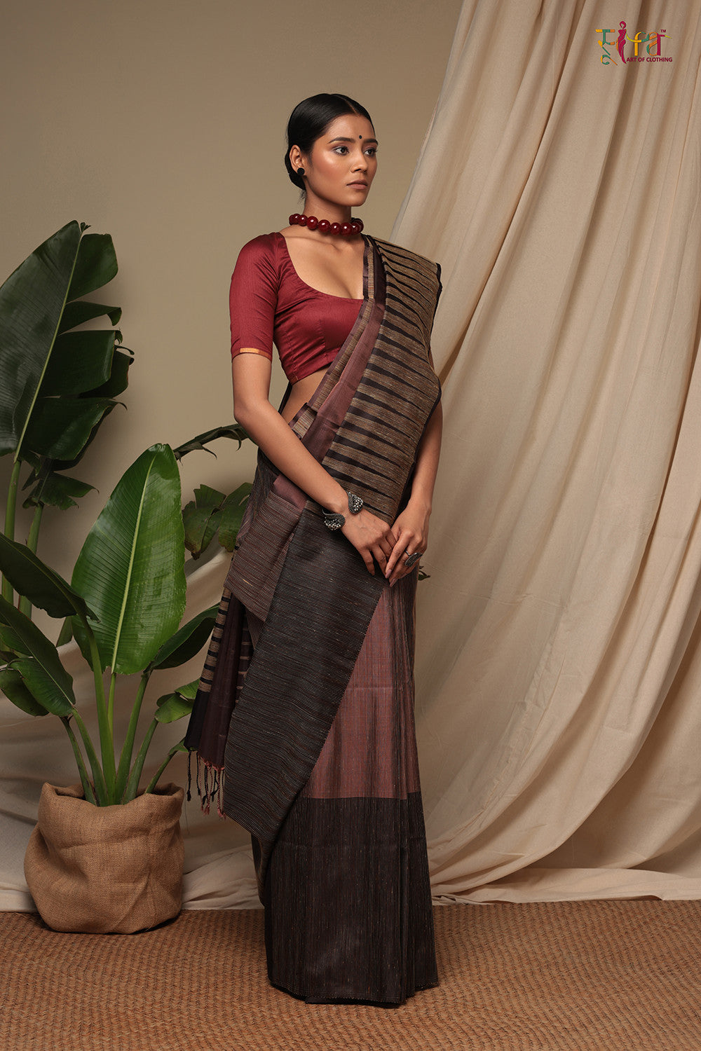 Handloom Chocolate Brown Pure Silk Kanchi Contemporary Saree