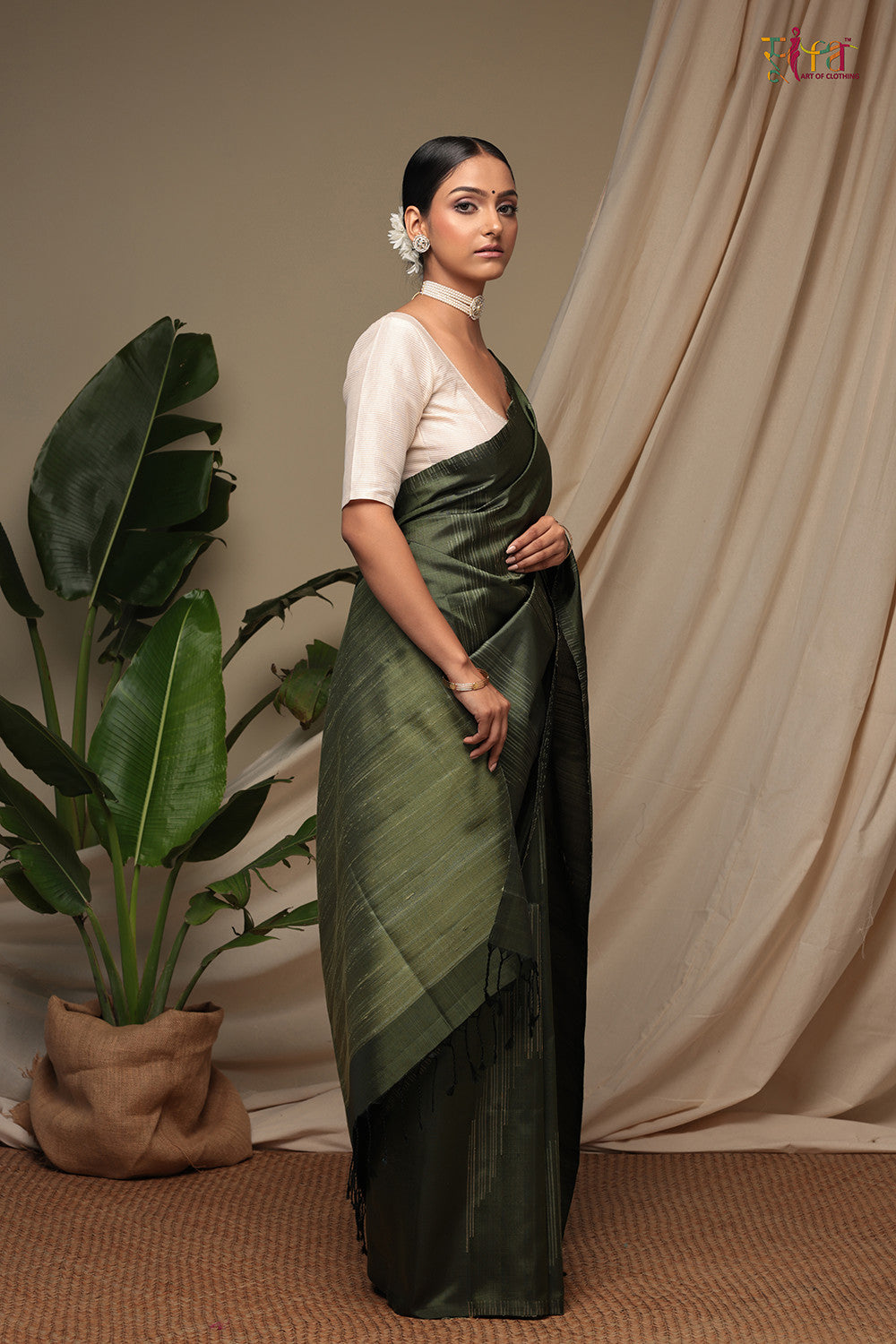 Handloom Basil Green Pure Silk Kanchi Contemporary Saree