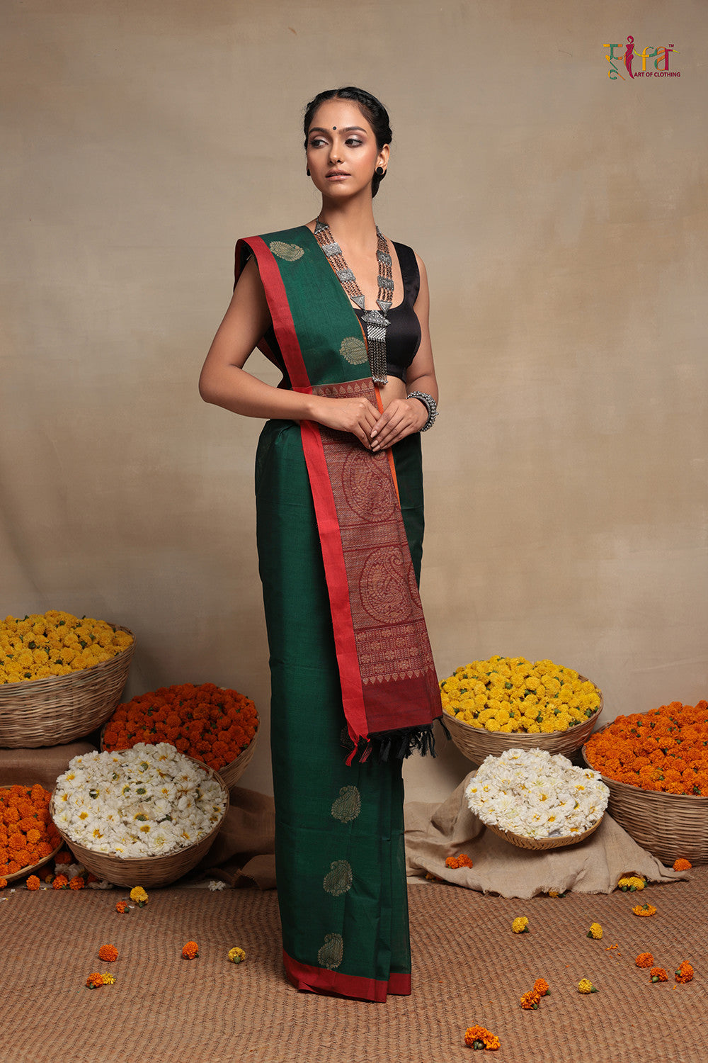 Dark green handloom Cotton Kanchi saree