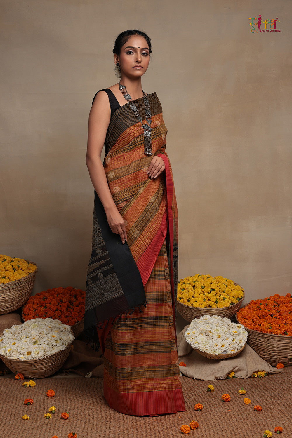 Orange And Black Pure Cotton Handloom Kanchi Saree