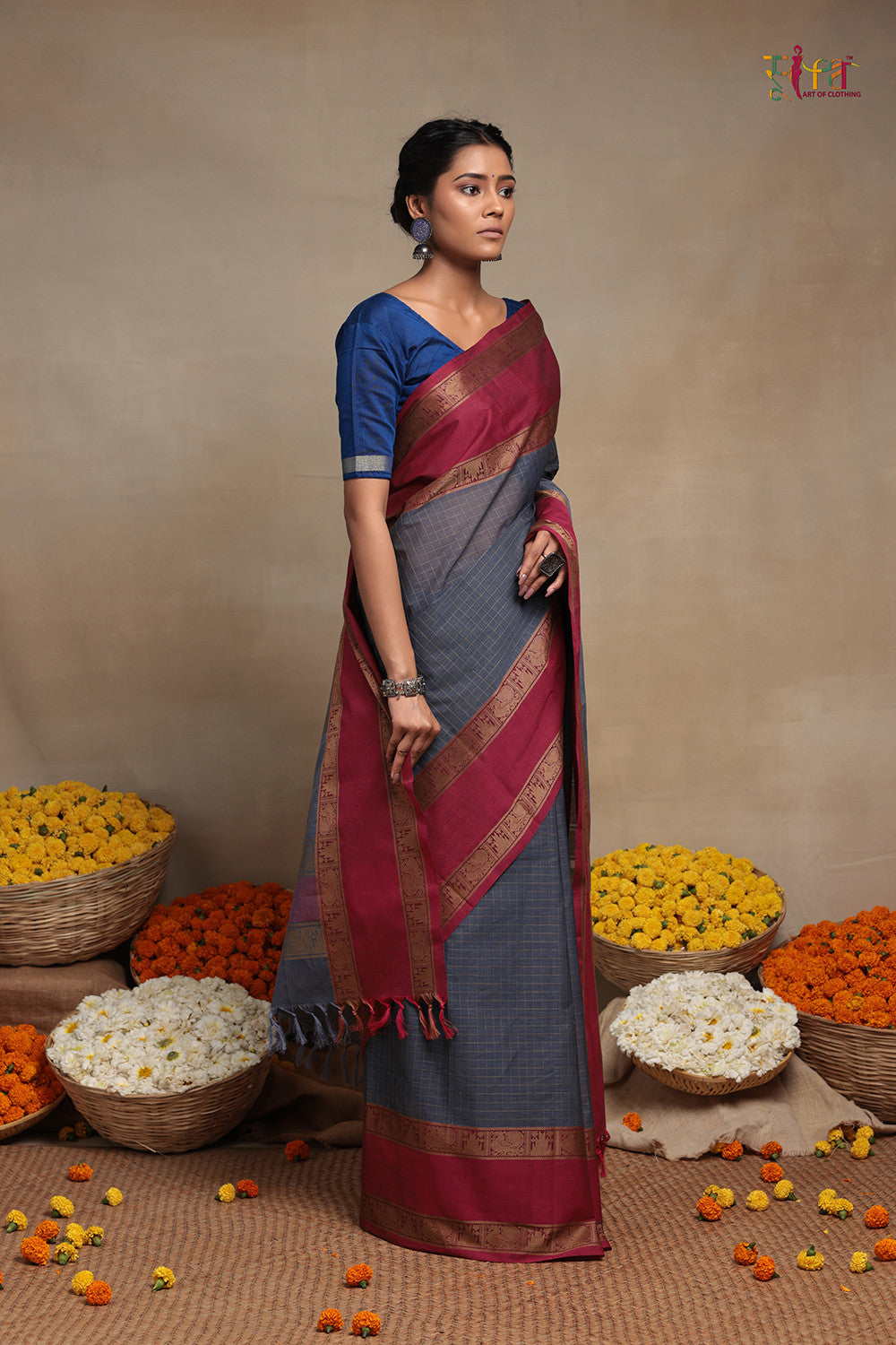 Handloom Slate Grey pure Cotton Kanchi Saree with Deep Pink Border