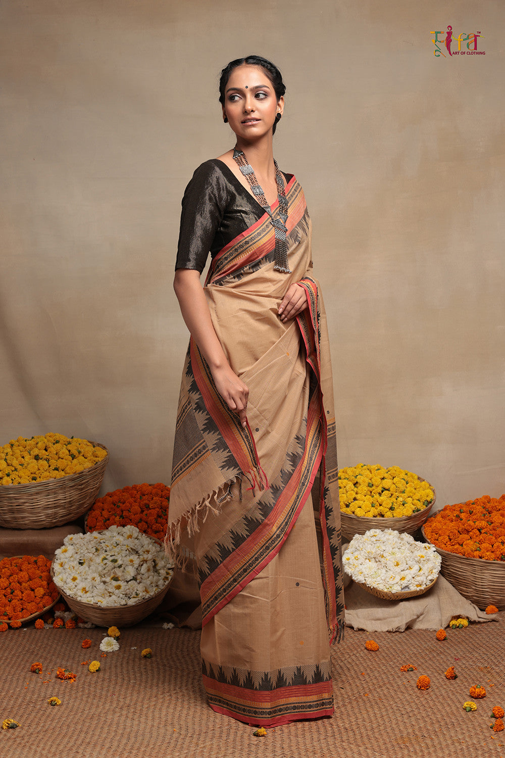 Light Brown Handloom Pure Cotton  Kanchi Saree