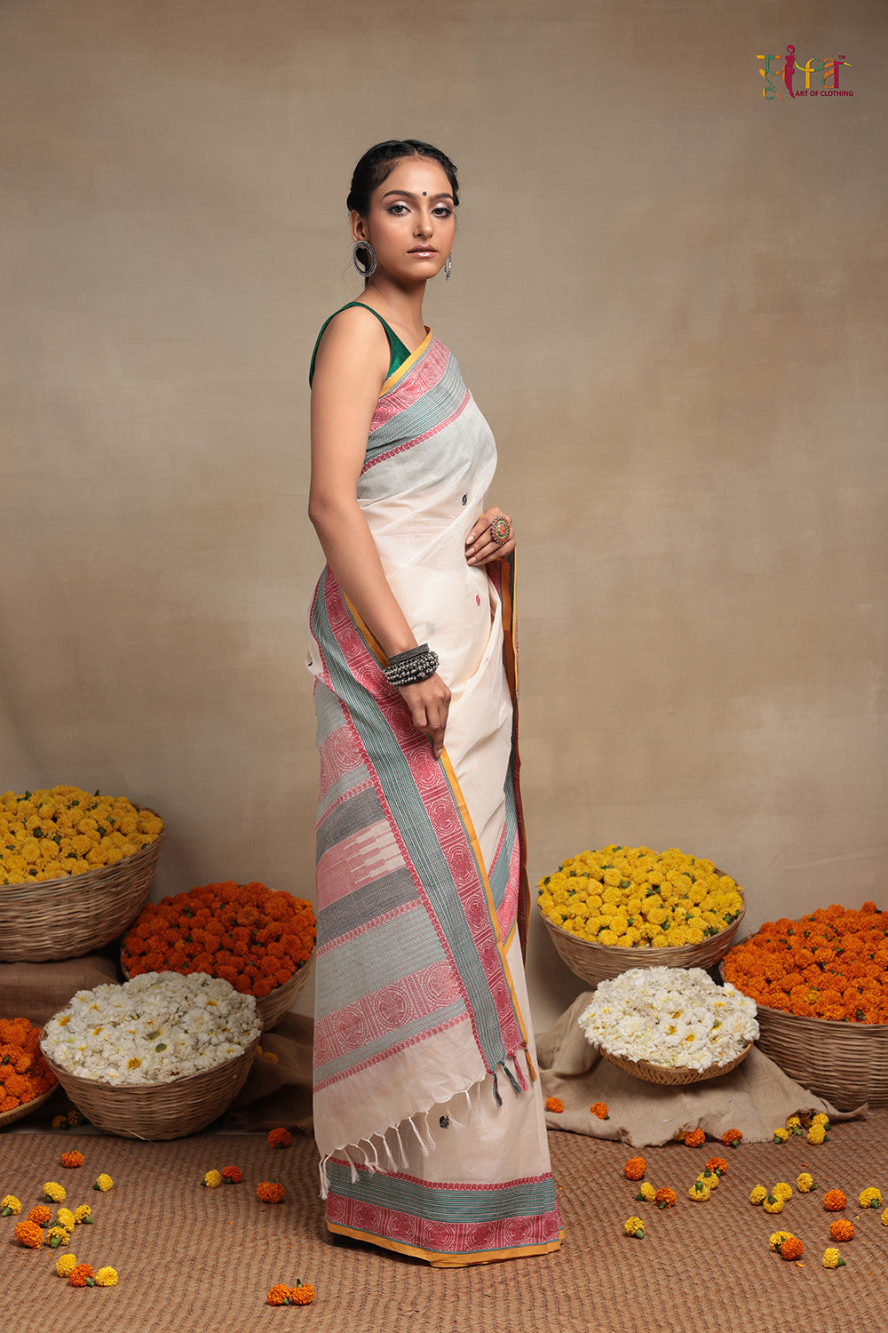 Handloom Cream Pure Cotton Kanchi Saree