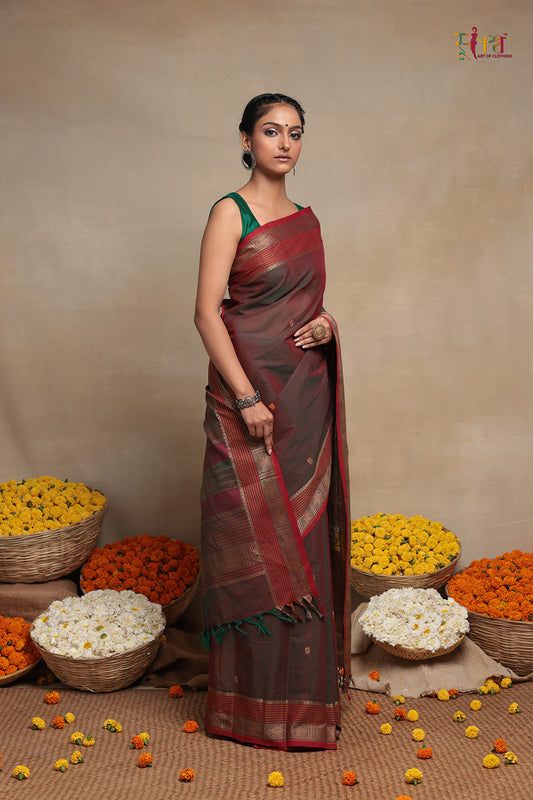 Handloom Green Brown Pure Cotton Kanchi Saree