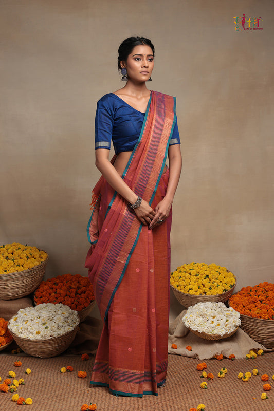 Handloom Fire Orange pure Cotton Kanchi Saree