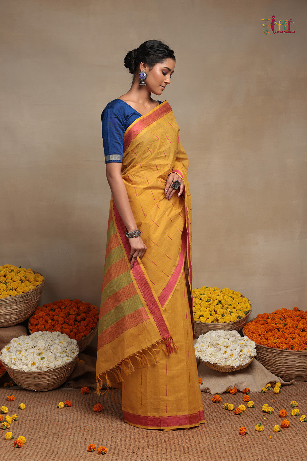 Handloom Sunglow Yellow Pure Cotton Kanchi Saree