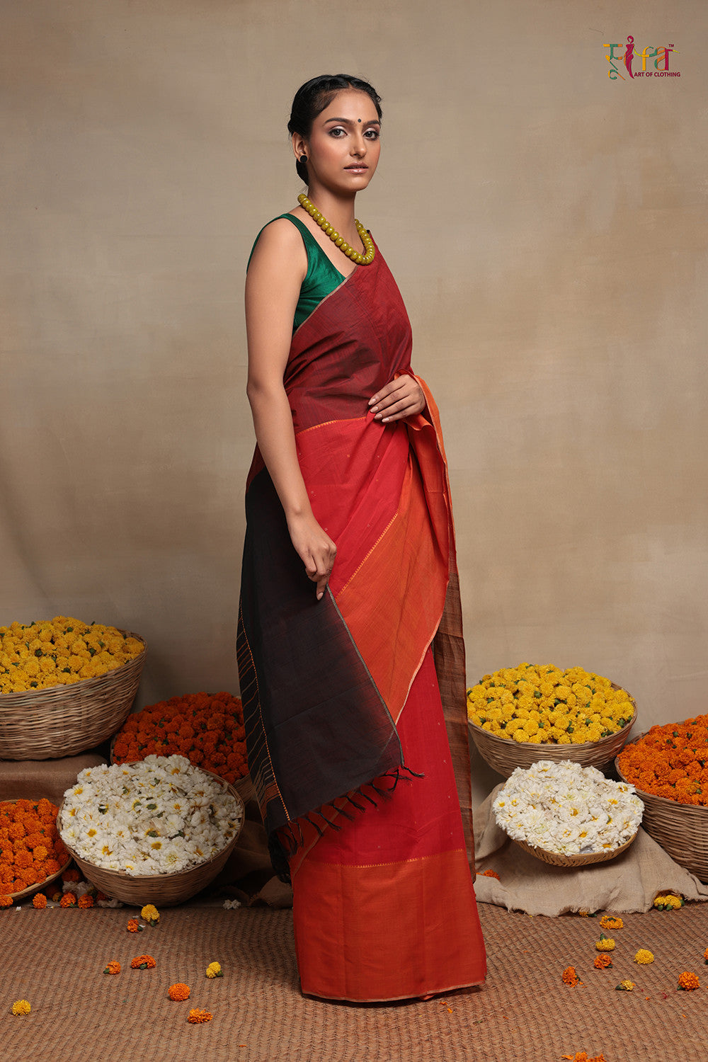 Handloom Red And Orange Pure Cotton Kanchi Saree