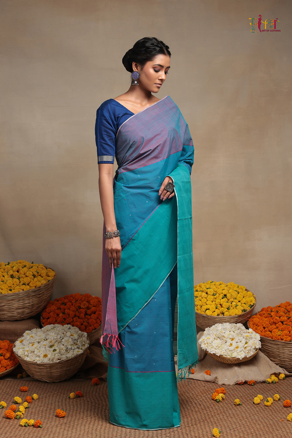 Handloom Vivid Sky Blue pure Cotton Kanchi  Saree