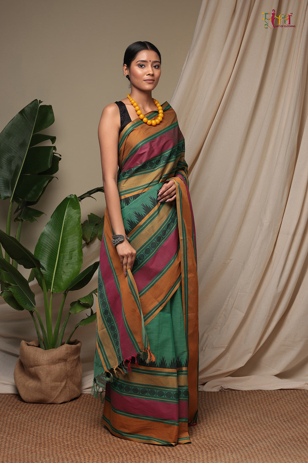 Handloom Green Pure Cotton Kanchi Saree With Multicolour Border