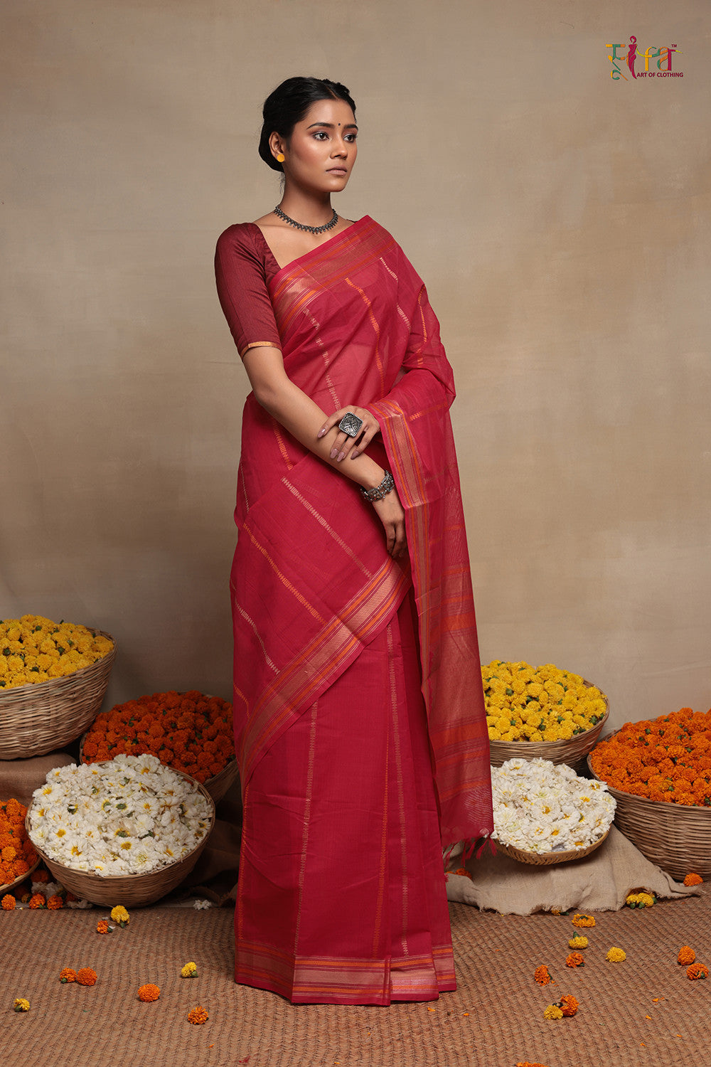 Magenta Handloom Kanchi Saree With Stripes