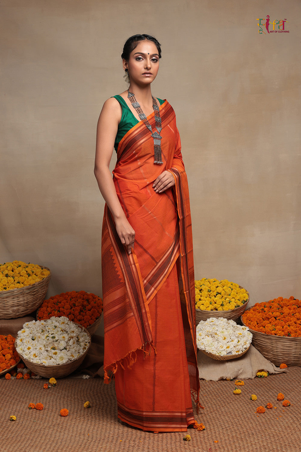 Orange handloom Kanchi Saree with Stripes