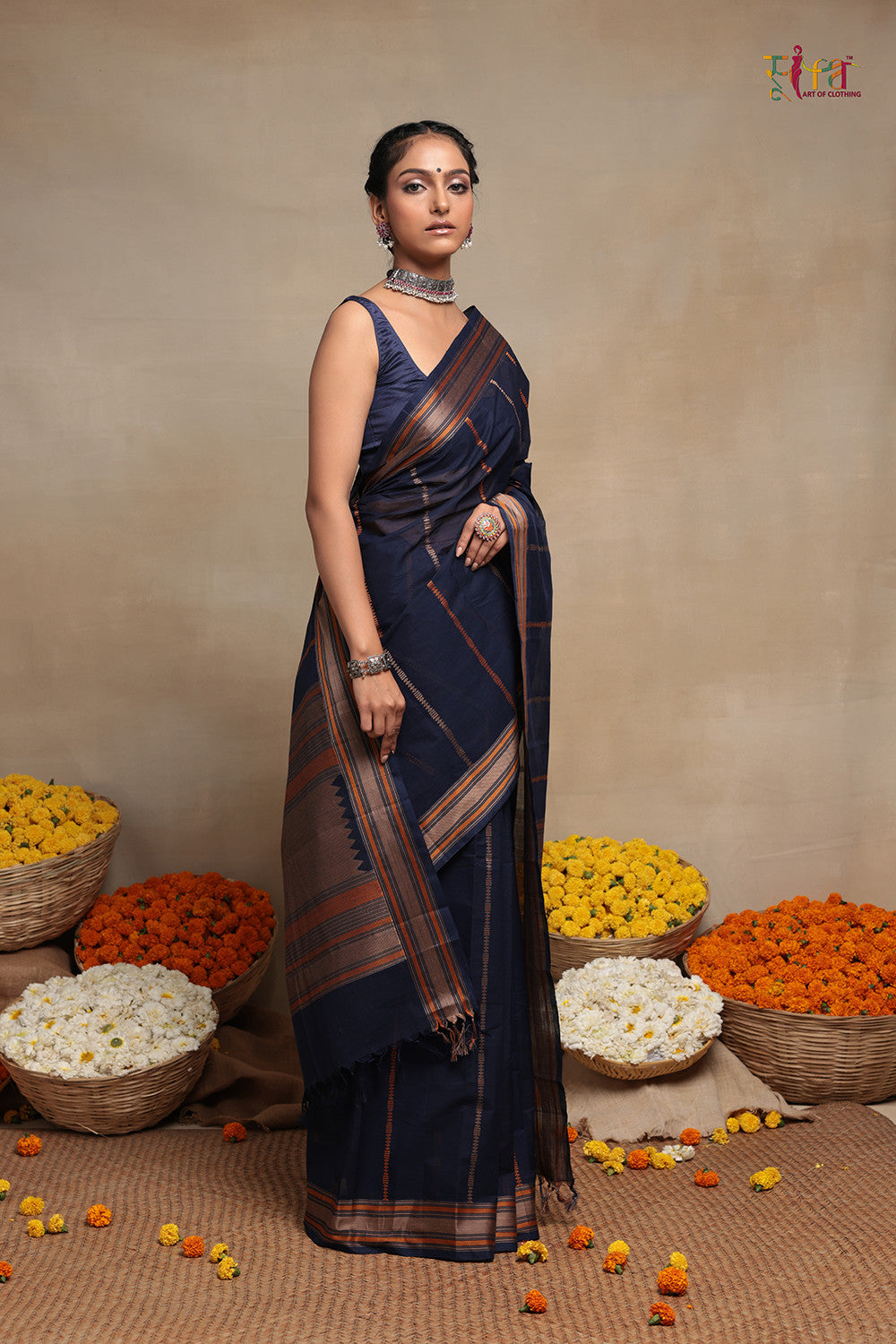 Handloom Navy Blue Kanchi Cotton Saree