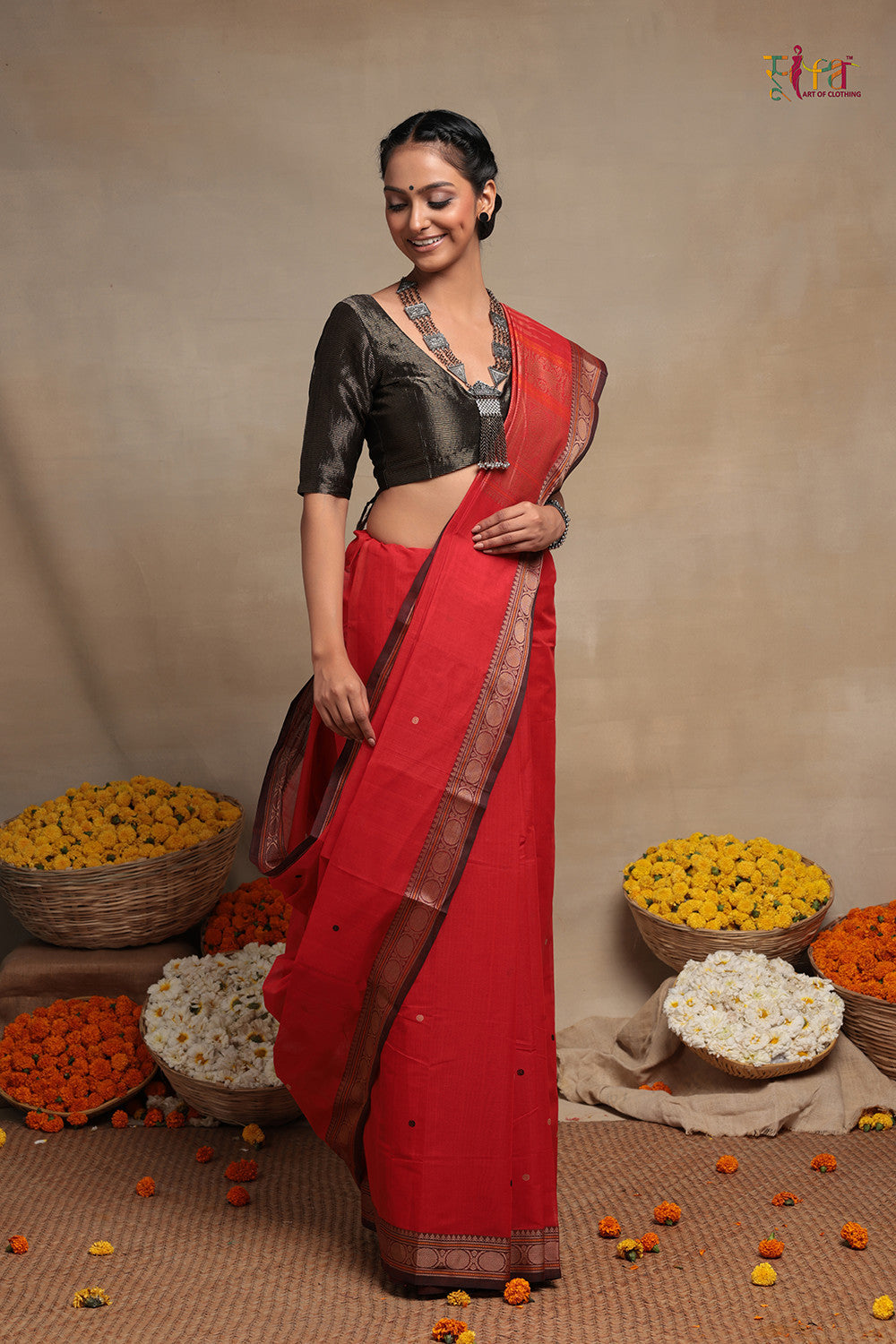 Bright Orange Pure Cotton Kanchi Saree