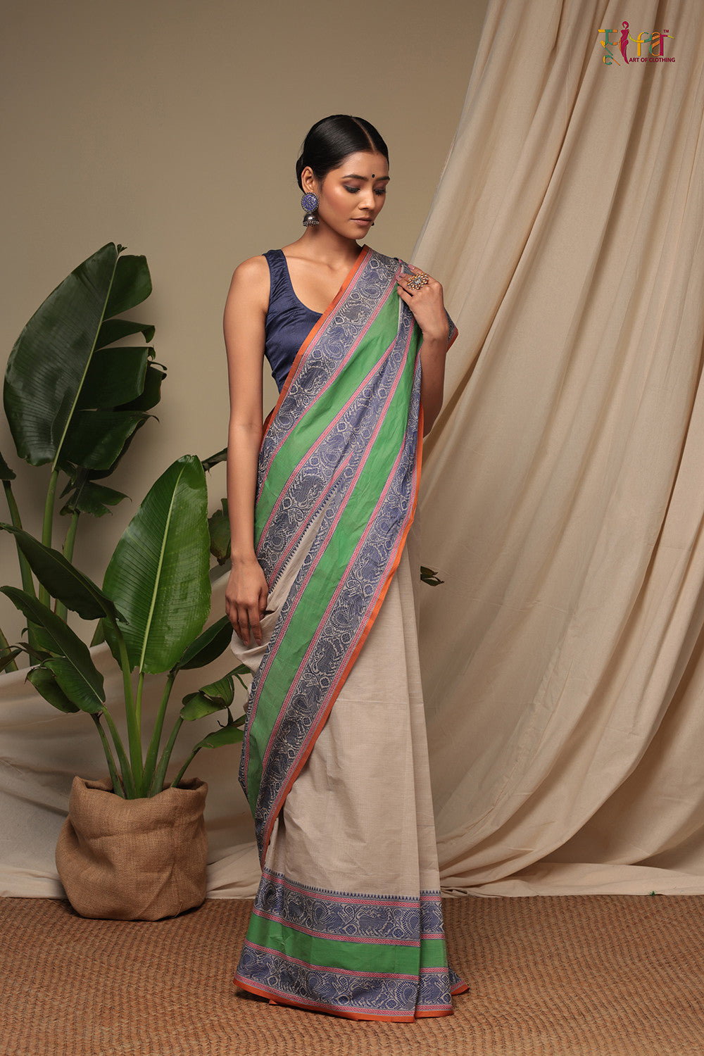 Handloom Water Chestnut Cream Pure Cotton Kanchi Saree With Generous Border