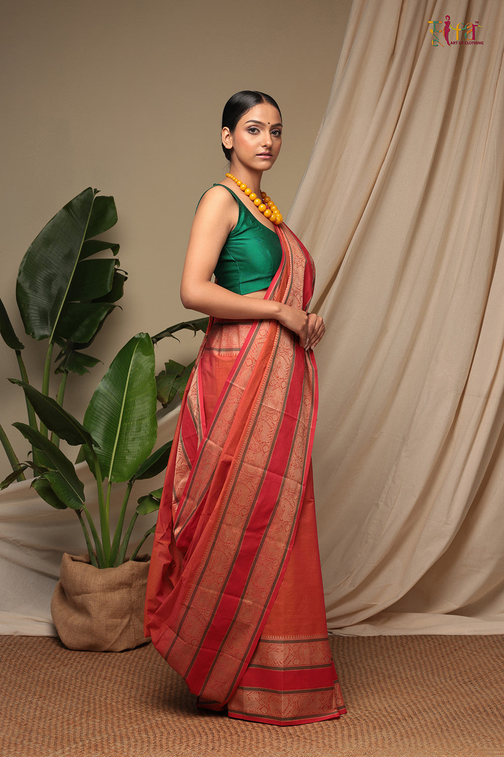 Handloom Coral Red Pure Cotton Kanchi Saree With Generous Border