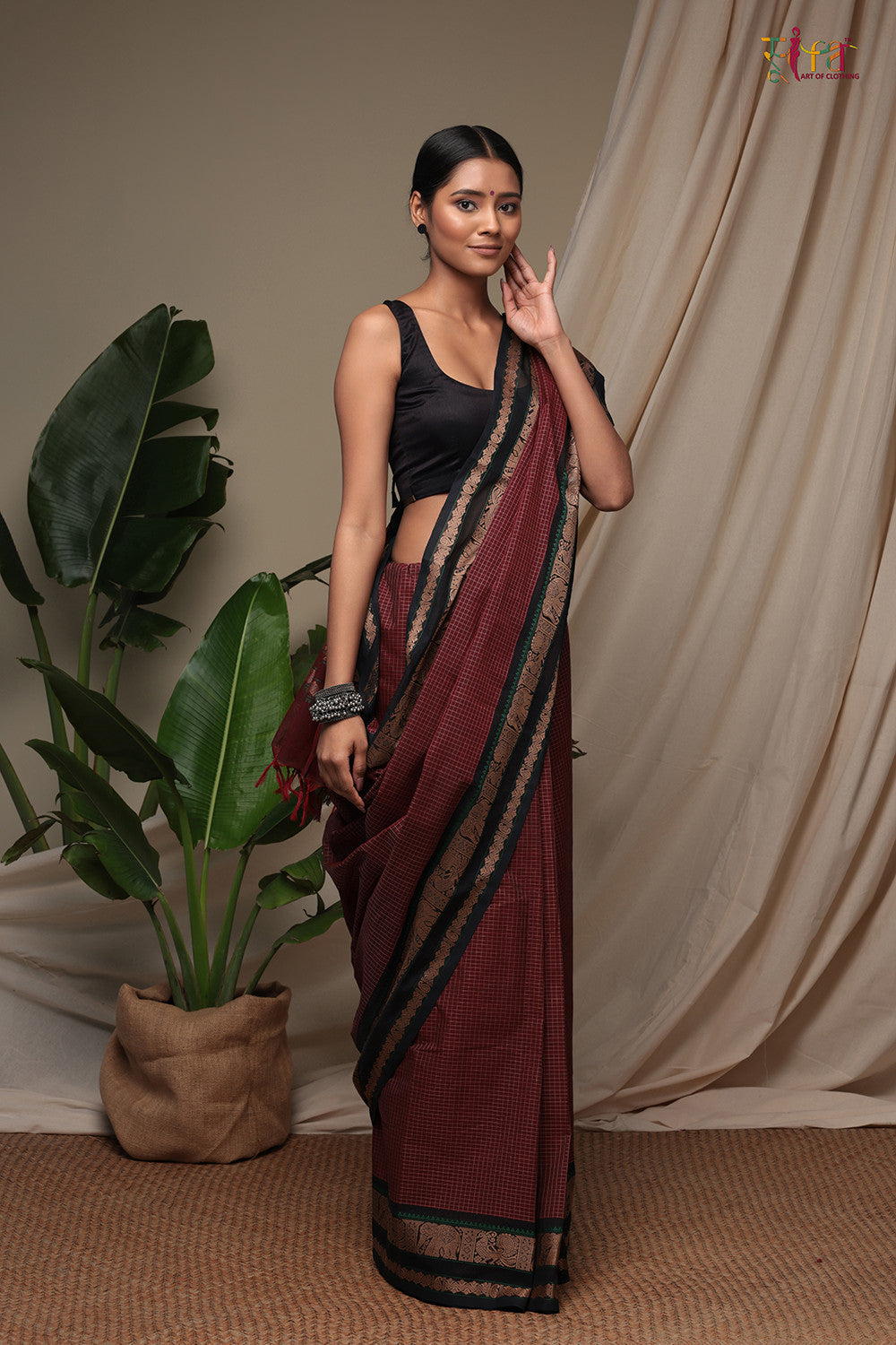 Handloom Rosewood Pure Cotton Kanchi Saree