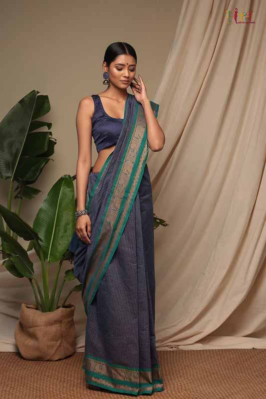 Marine Blue Pure Cotton Handloom Kanchi Saree With Generous Border