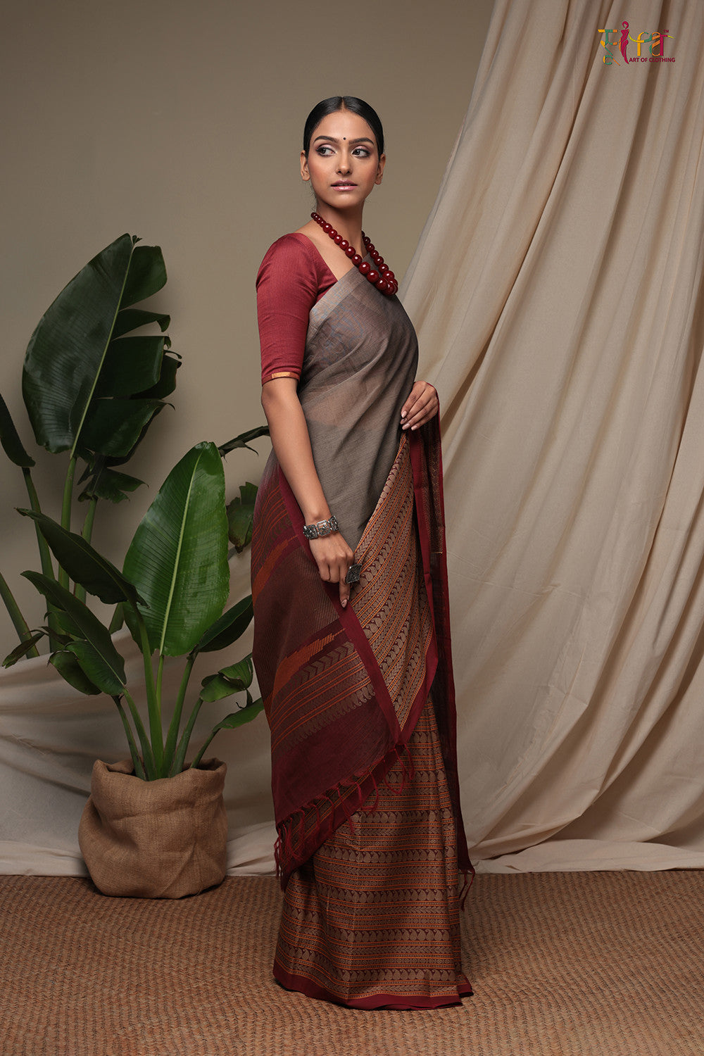 Handloom Smoke Grey & Maroon Pure Cotton Kanchi Saree