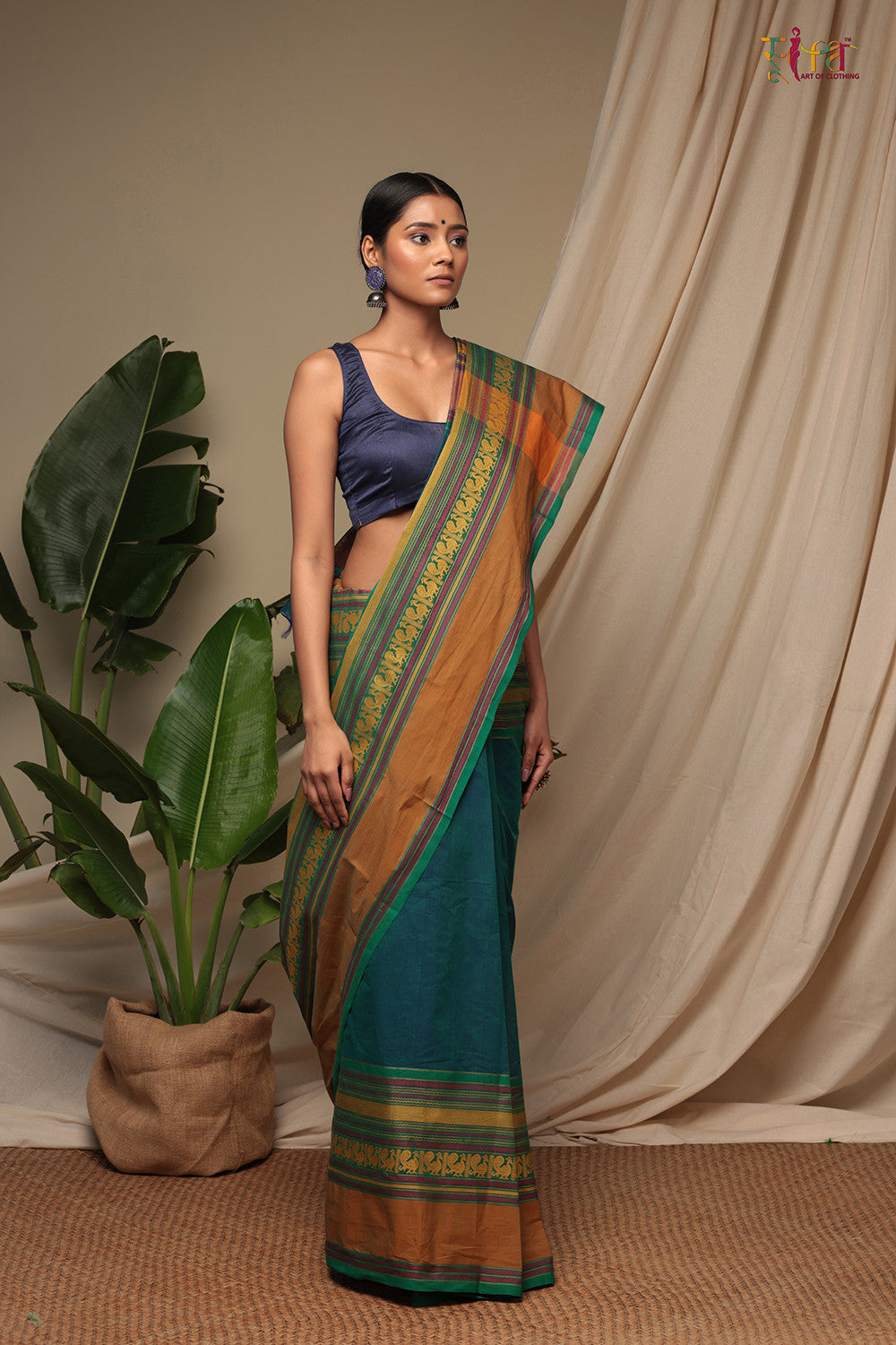 Handloom Blue Green Pure Cotton Kanchi Saree With Generous Border