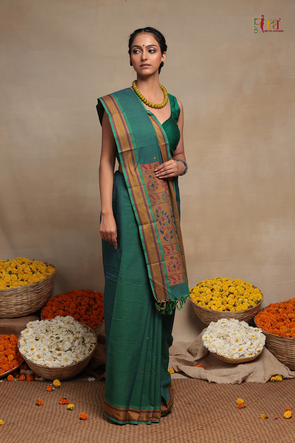 Leaf Green Handloom Pure Cotton Kanchi Saree