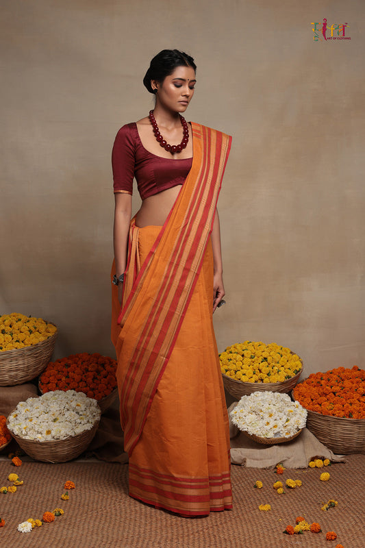 Handloom Atomic Orange pure Cotton Kanchi  Saree