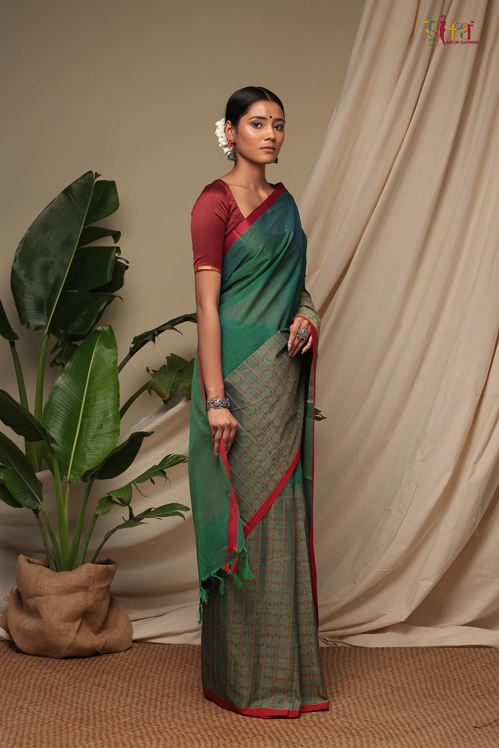 Handloom Fern Green Pure Cotton Kanchi Saree