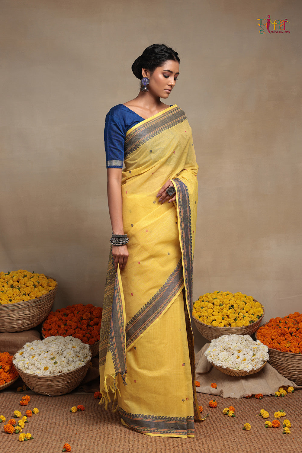 Handloom Daffodil Yellow Pure Cotton Kanchi Saree