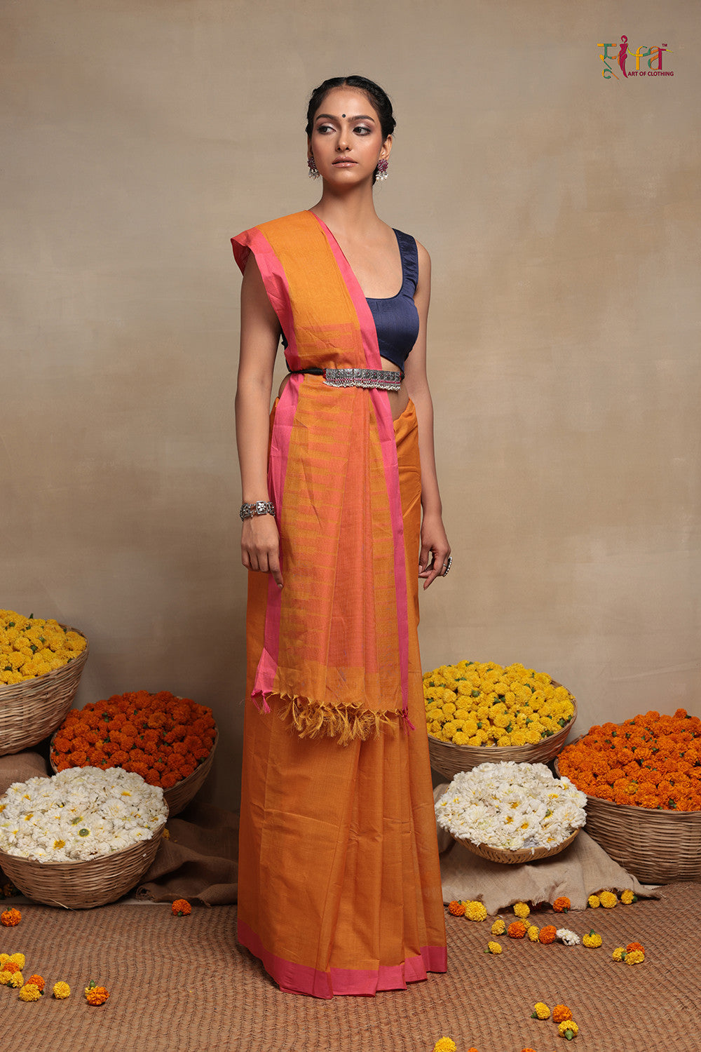 Handloom Mango Tango Orange Kanchi Cotton Saree