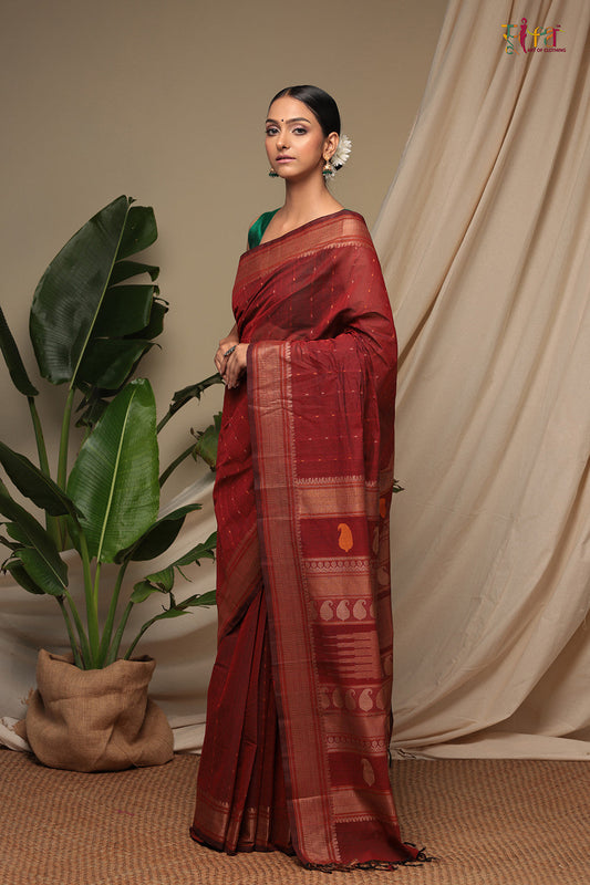 Handloom Maroon Pure Cotton Kanchi Saree