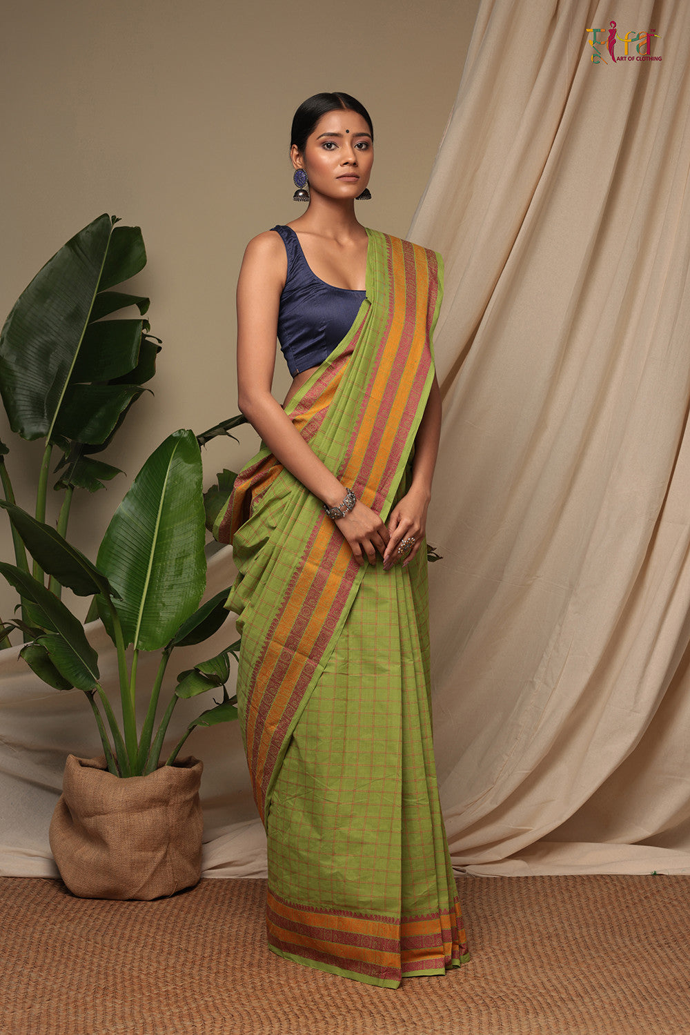 Handloom Parrot Green Pure Cotton Kanchi Saree With Generous Border